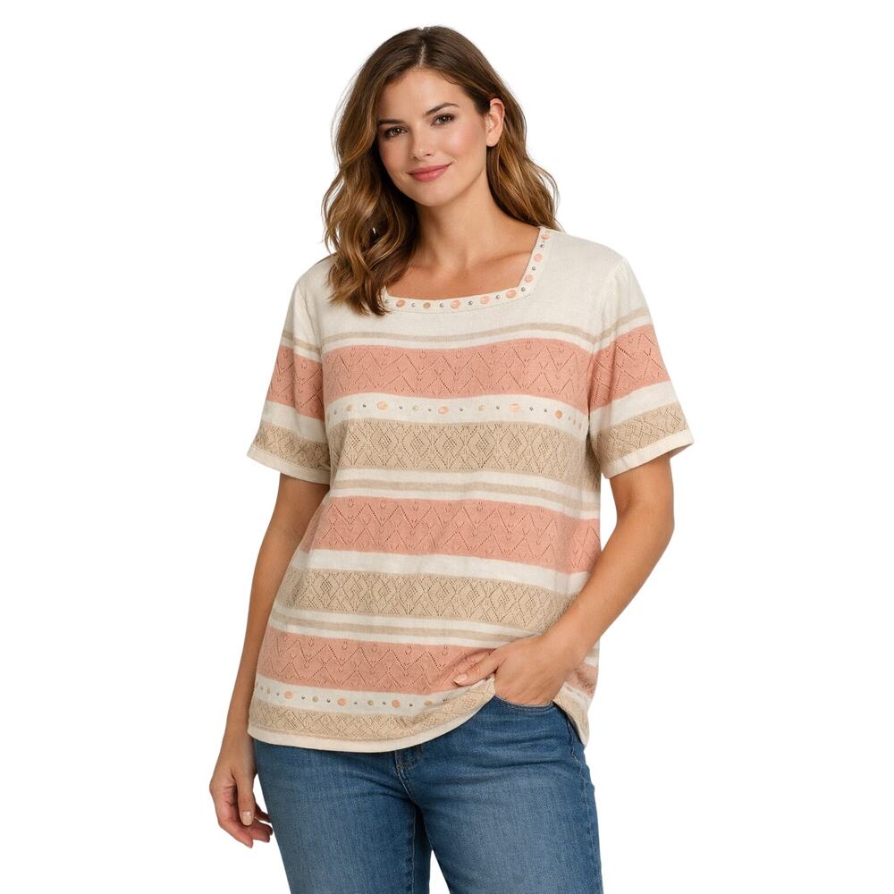 Alfred Dunner Peach Beige Knit Top Size Medium – Elegant Casual Style